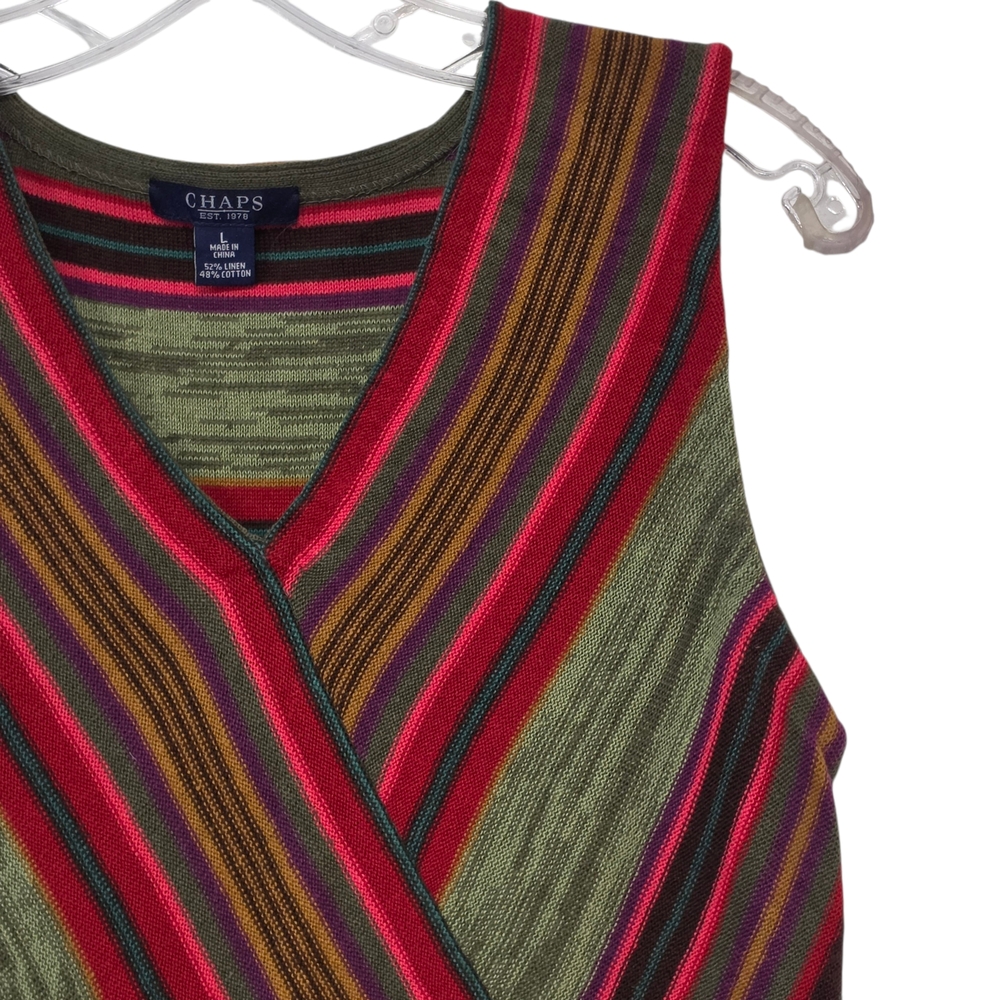Chaps Colorful Striped Linen/Cotton Knit Wrap-Front Sleeveless Sweater Size L - Picture 4 of 13